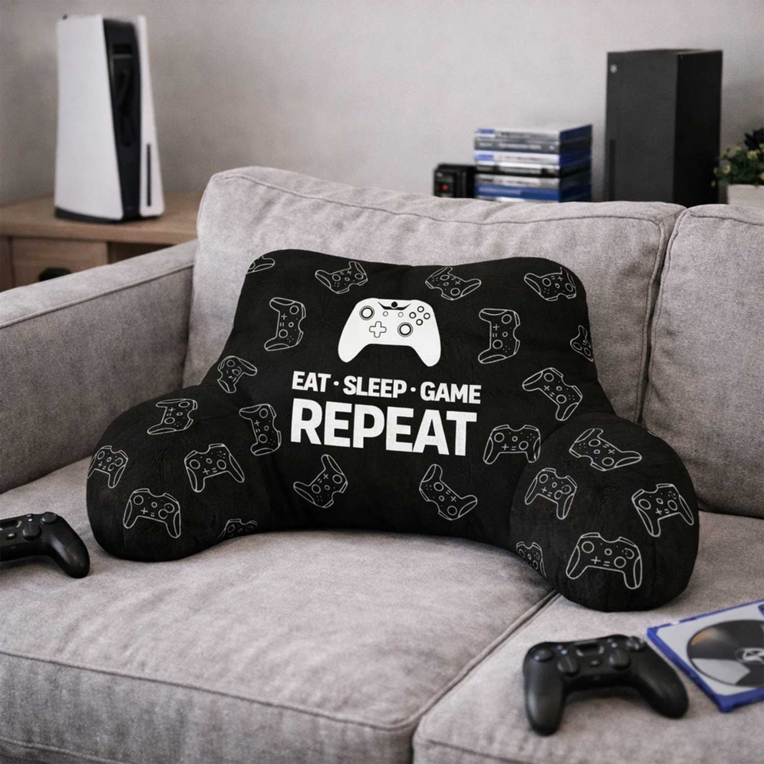 Adult Eat Sleep Game Repeat Print Cuddle Cushion