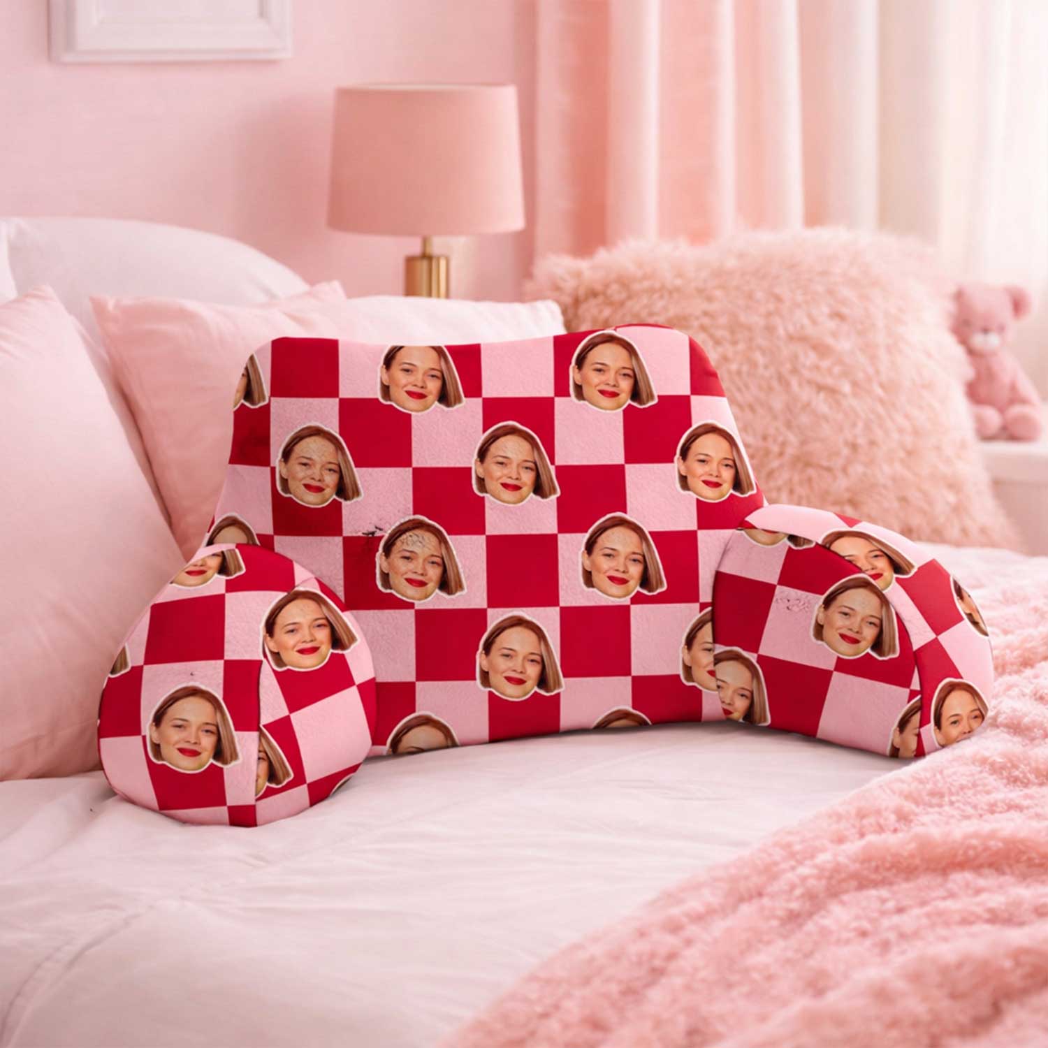 Personalised Pink & Red Check Square Cuddle Cushion